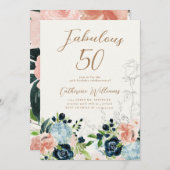 Midnight Blue Floral 50ste verjaardag uitnodiging (Voorkant / Achterkant)