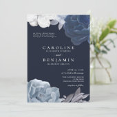 Midnight Blue Floral Silver Leaf Romantic Wedding Kaart (Staand voorkant)