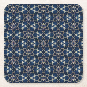 Midnight Blue Flowers Patroon Vierkante Kartonnen Onderzetter