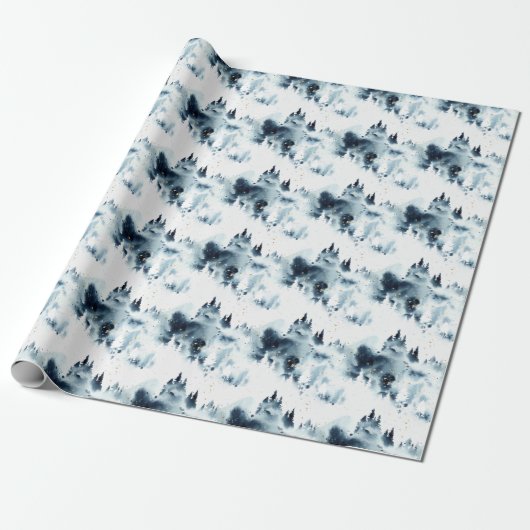 Midnight Blue Forest Waterverf Cadeaupapier (Uitgerold)