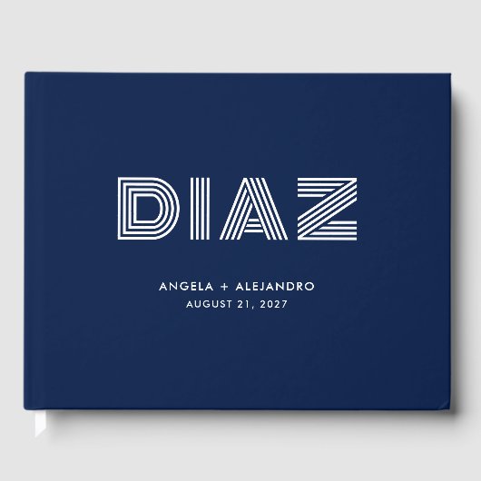 Midnight Blue Geometrische Retro Naam Bruiloft Gastenboek (Voorkant)