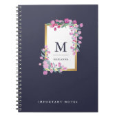Midnight Blue, Gold en roze Waterverf Flowers Notitieboek (Voorkant)
