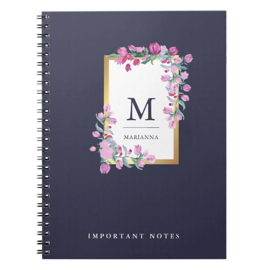 Midnight Blue, Gold en roze Waterverf Flowers Notitieboek (Voorkant)