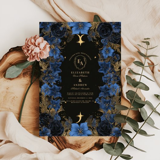 Midnight Blue & Gold Hemelse Huwelijk Kaart