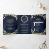 Midnight Blue Gold Leaf Branch All-in-One Weddensc Drieluik Uitnodiging (Binnen)
