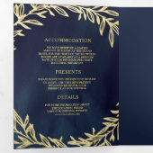 Midnight Blue Gold Leaf Branch All-in-One Weddensc Drieluik Uitnodiging (Binnenzijde eerst)