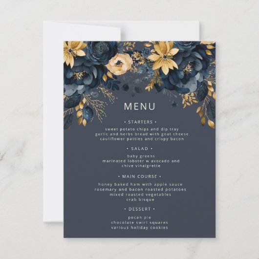 Midnight Blue Gold Luxe Bloemenbruiloft Menu Kaart (Voorkant)