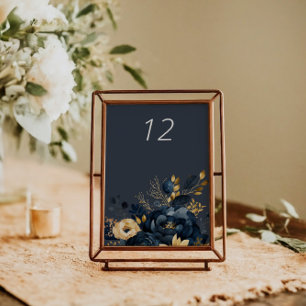 Midnight Blue Gold Luxe Floral Wedding Table Kaart