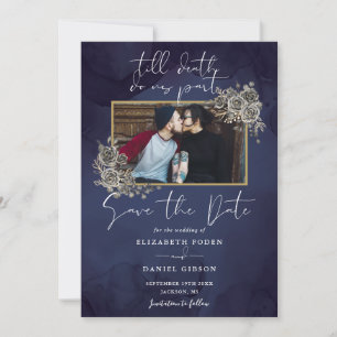 Midnight Blue Gothic Bloemen Foto Bruiloft Save The Date
