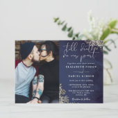 Midnight Blue Gothic Rozen Bloemen Foto Bruiloft Kaart (Staand voorkant)