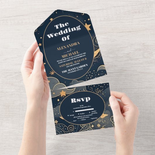 Midnight Blue Goud Hemelse bruiloft All In One Uitnodiging (Afscheurbaar)