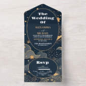 Midnight Blue Goud Hemelse bruiloft All In One Uitnodiging (Binnen)