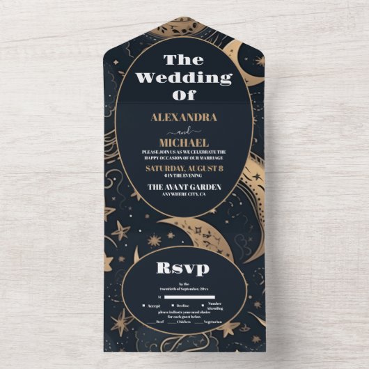 Midnight Blue Goud Hemelse bruiloft All In One Uitnodiging (Binnen)