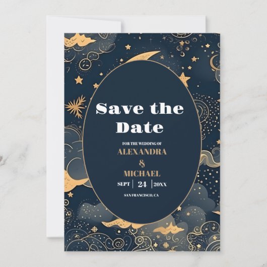 Midnight Blue Goud Hemelse bruiloft Save The Date (Voorkant)