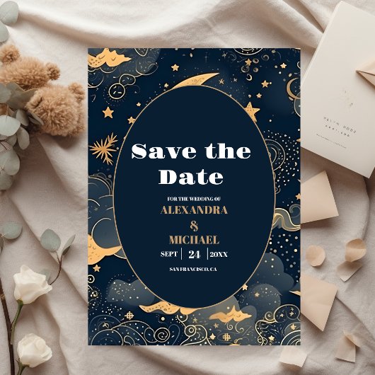 Midnight Blue Goud Hemelse bruiloft Save The Date