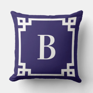 Midnight Blue Grieks Key Border Monogram Buitenkussen