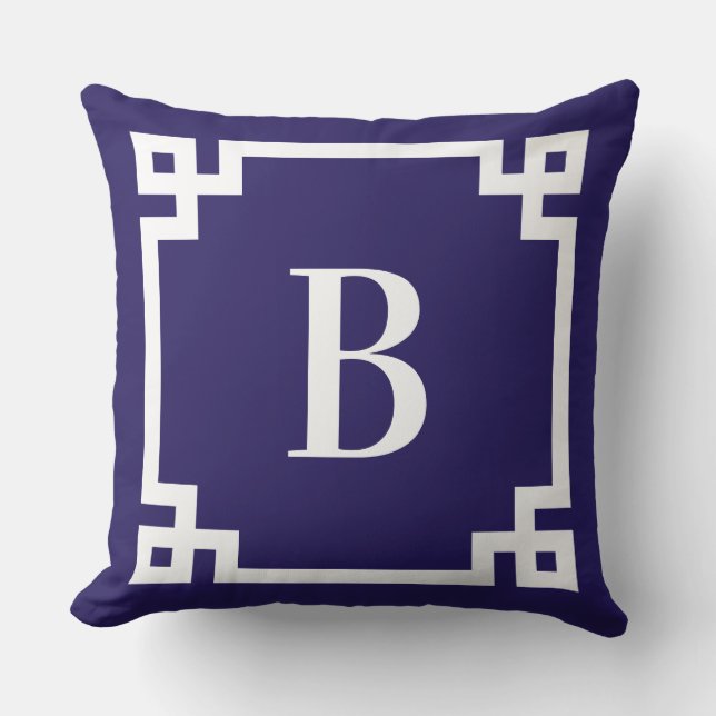 Midnight Blue Grieks Key Border Monogram Buitenkussen (Voorkant)