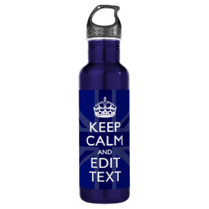 Midnight Blue Keep Calm en Jouw tekst Union Jack Waterfles