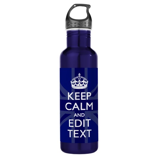 Midnight Blue Keep Calm en Jouw tekst Union Jack Waterfles (Voorkant)
