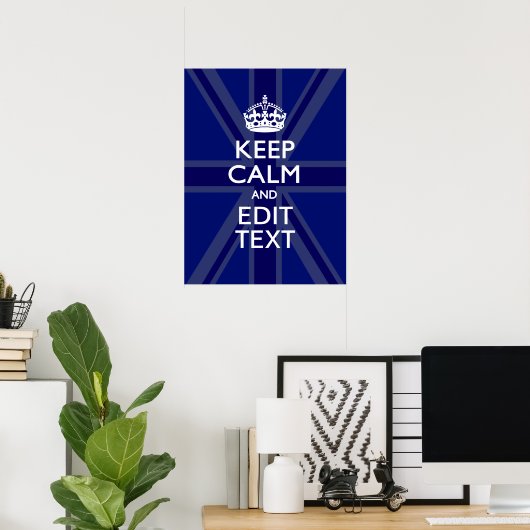 Midnight Blue Keep Calm heeft Jouw tekst Union Jac Poster (Thuiskantoor)