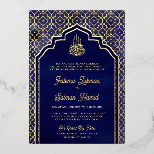 Midnight Blue Marokkaanse Arch Moslim Bruiloft Gou Folie Uitnodiging (Voorkant)