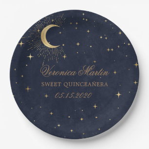 Midnight Blue Moon Stars Quinceanera Papieren Bordje