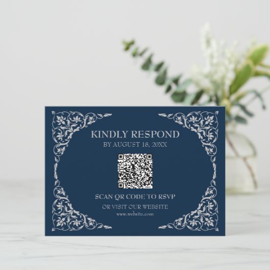 Midnight Blue QR RSVP Card Informatiekaartje (Staand voorkant)