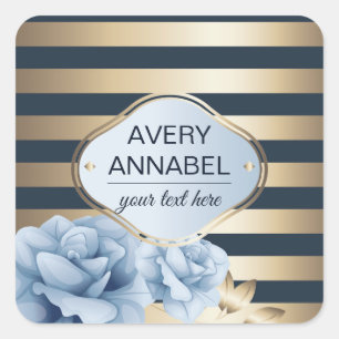 Midnight blue rozen gouden streep vierkante sticker