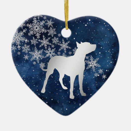 Midnight Blue Silver Snowflake Pitbull Dog Keramisch Ornament (Voorkant)