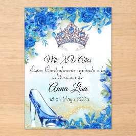Midnight Blue Slipper en Crown Quinceañera Uitnodi Acryl Uitnodigingen