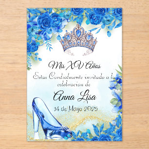 Midnight Blue Slipper en Crown Quinceañera Uitnodi Acryl Uitnodigingen