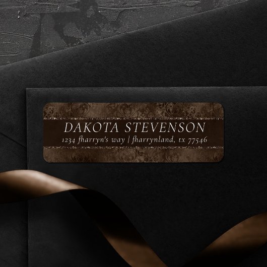 Midnight Bronze Romance | Satiny Grunge Damask Etiket