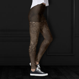 Midnight Bronze Romance   Satiny Grunge Damask Leggings
