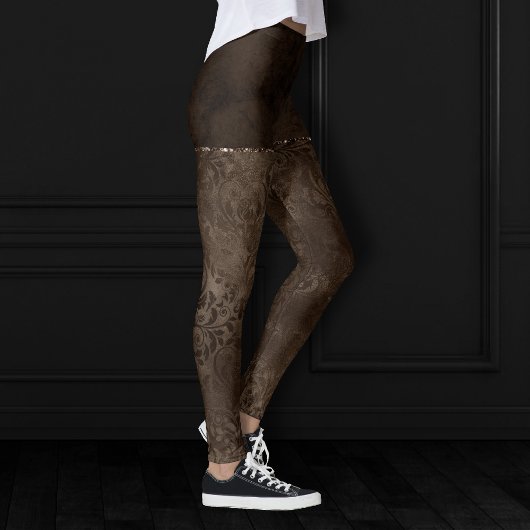 Midnight Bronze Romance | Satiny Grunge Damask Leggings