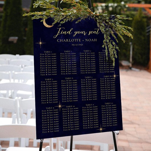 Midnight Celestial Gold Moon Wedding Seating Chart Poster
