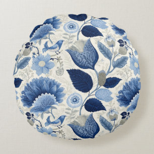 Midnight Delft Garden botanisch blauw Rond Kussen