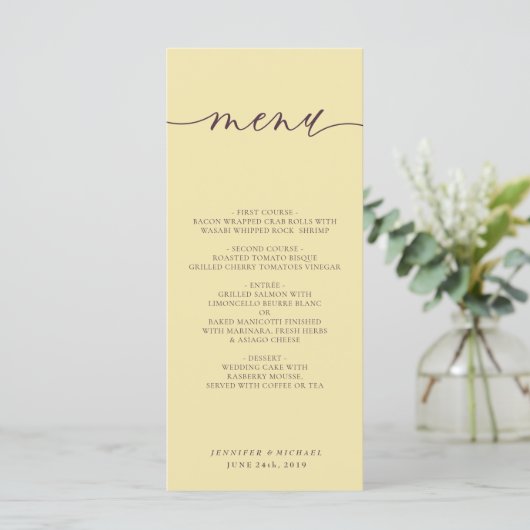 Midnight Fig & Champagne Script Wedding Dinner Menu (Staand voorkant)