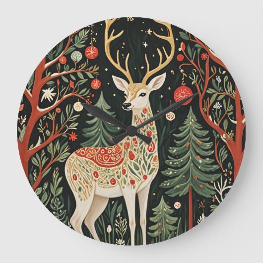 Midnight Forest Christmas Deer Grote Klok (Voorkant)