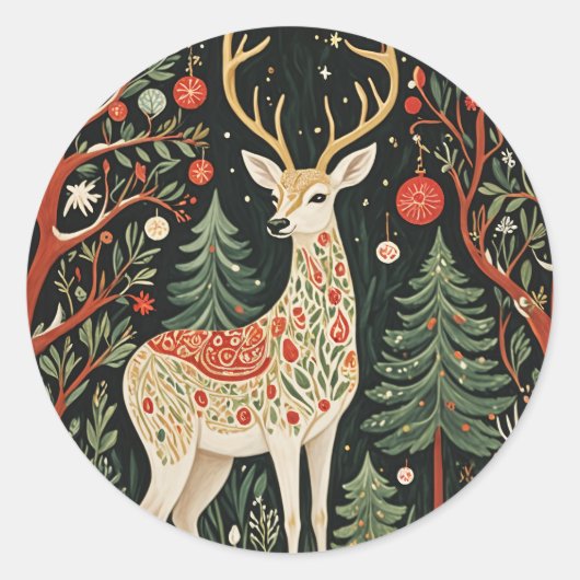 Midnight Forest Christmas Deer Ronde Sticker (Voorkant)