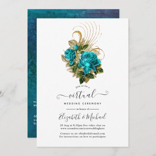 Midnight Forest Turquoise en Gold Virtual Wedding Kaart (Voorkant / Achterkant)