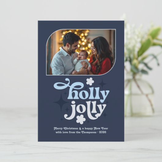 Midnight Frost Modern Blue Christmas Photo Feestdagenkaart (Staand voorkant)