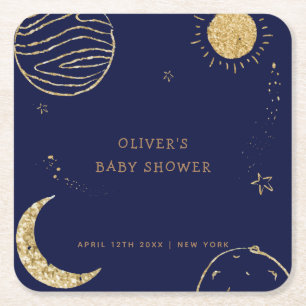 Midnight Galaxy Moon Star Boy Baby shower Vierkante Kartonnen Onderzetter