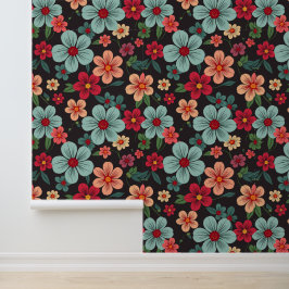Midnight Garden Bloom: Retro bloemenpatroon Behang