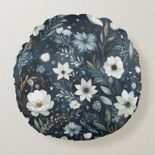 Midnight Garden Dream - Navy Blue Waterverf Flora Rond Kussen
