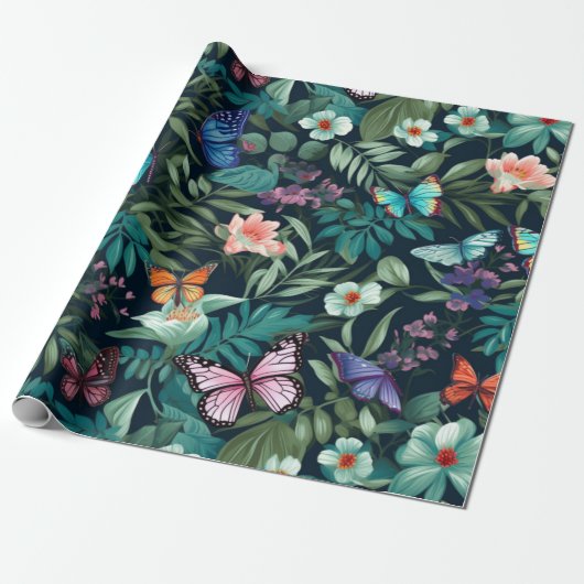 Midnight Garden Vlinder en Bloemen Cadeaupapier (Uitgerold)