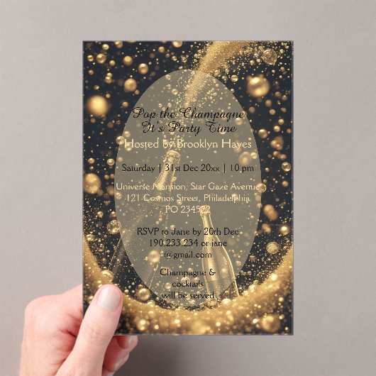 Midnight Gold Champagne Dreams New Year Bubbly Fun Acryl Uitnodigingen (Insitu (Draagbaar))