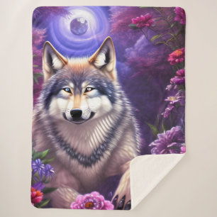 Midnight Howl Floral Wolf Sherpa Deken