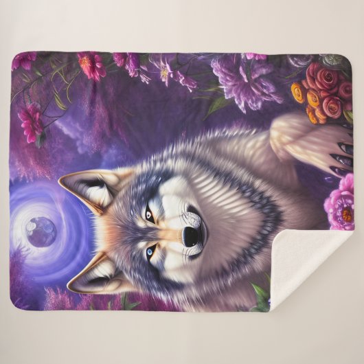 Midnight Howl Floral Wolf Sherpa Deken (Voorkant (horizontaal))