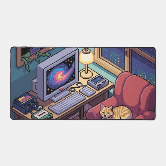 Midnight Lofi Pixel Art Retro Room Desk Mat (Recto)