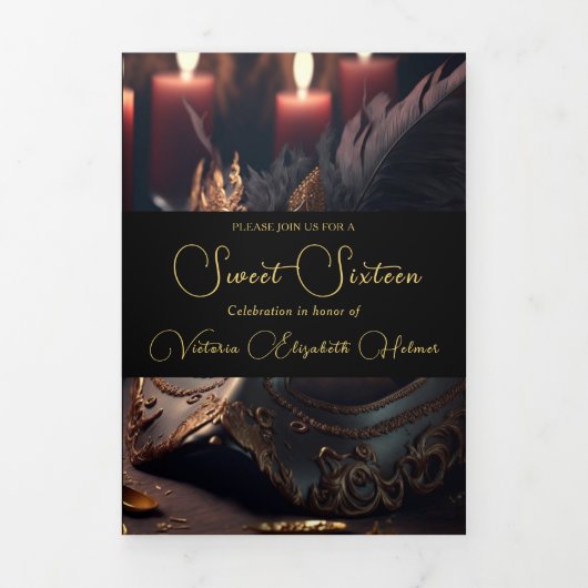 Midnight Masquerade Sweet 16 Feestuitnodiging Drieluik Uitnodiging (Cover)